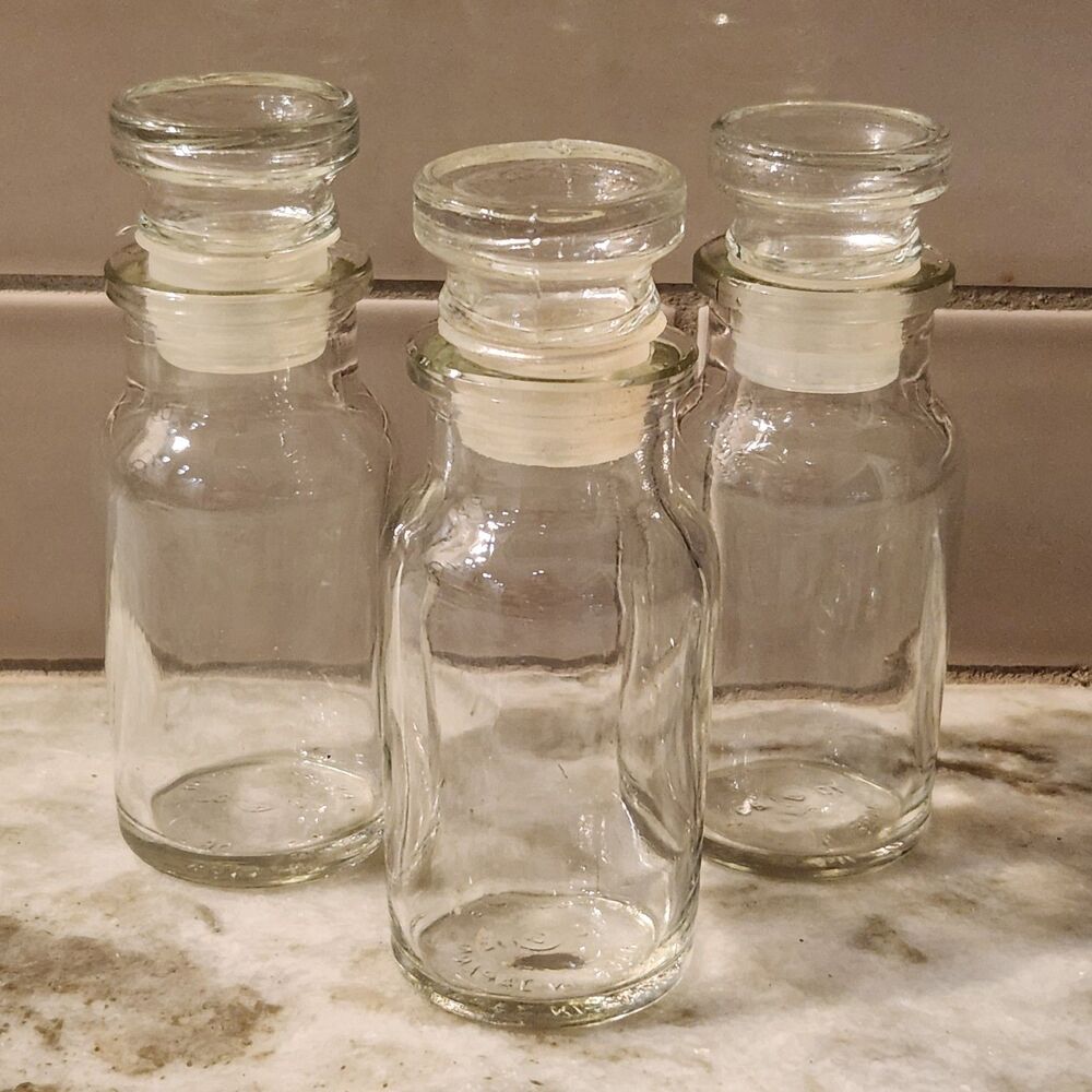 Vintage Made in Japan Glass Bottle Spice Jar Apothecary Clear Lot of 3 Stoppers